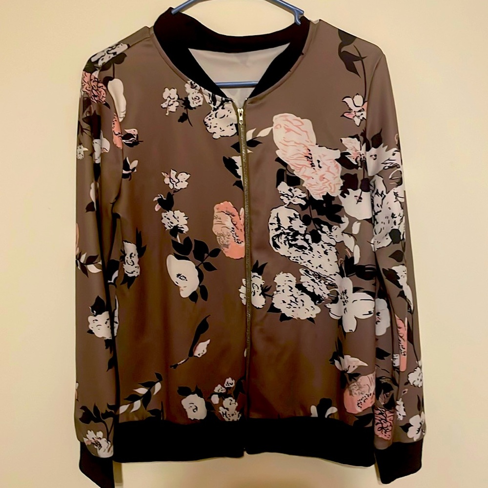 S brown and black floral bomber jacket